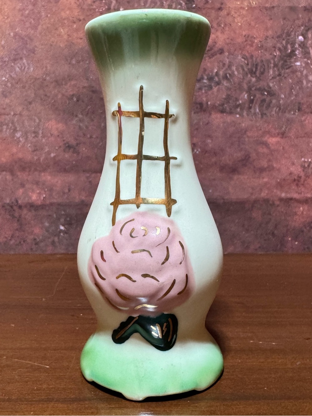 VINTAGE MINI CERAMIC BUD VASE WITH APPLIED PINK ROSE 6”